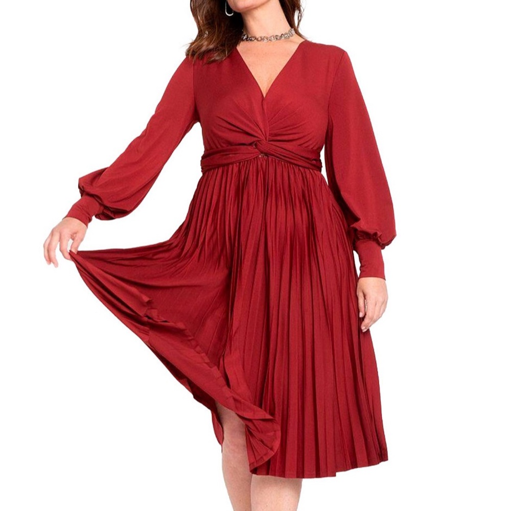 Eloquii NEW Plus Size 26 Knot Front Pleated Skirt Dress Burgundy Long‎ Sleeve